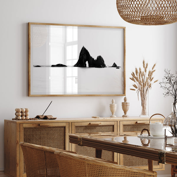 Black and white minimalist seascape print featuring a dramatic ocean arch along California’s Highway 1, perfect for modern coastal wall art.