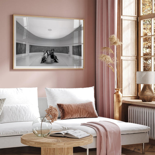 Framed fine art photography print of art lovers in Musée de l’Orangerie, admiring Claude Monet’s Water Lilies in an elliptical gallery.