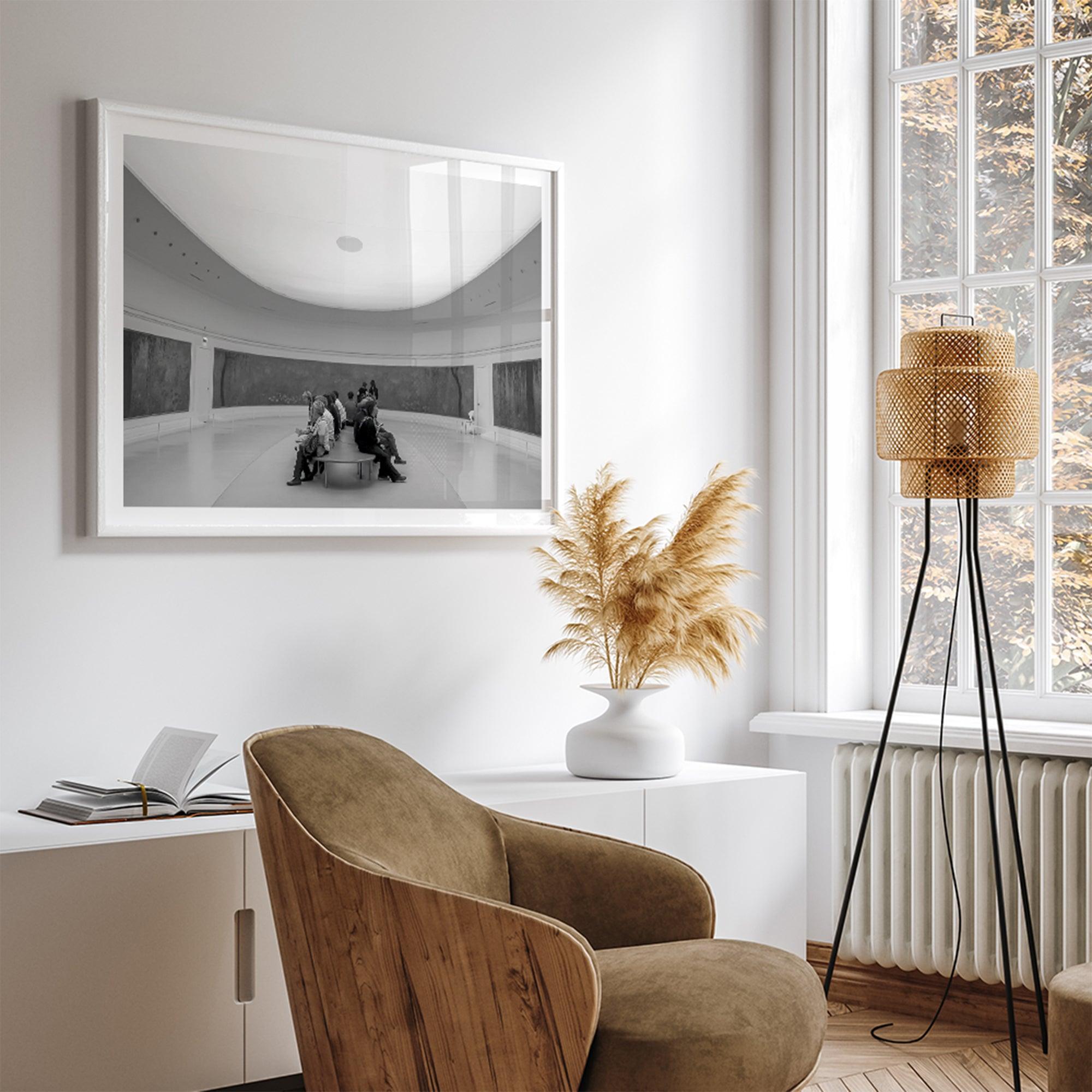 Framed fine art photography print of art lovers in Musée de l’Orangerie, admiring Claude Monet’s Water Lilies in an elliptical gallery.