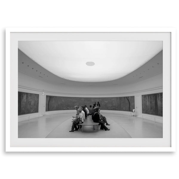 Framed fine art photography print of art lovers in Musée de l’Orangerie, admiring Claude Monet’s Water Lilies in an elliptical gallery.