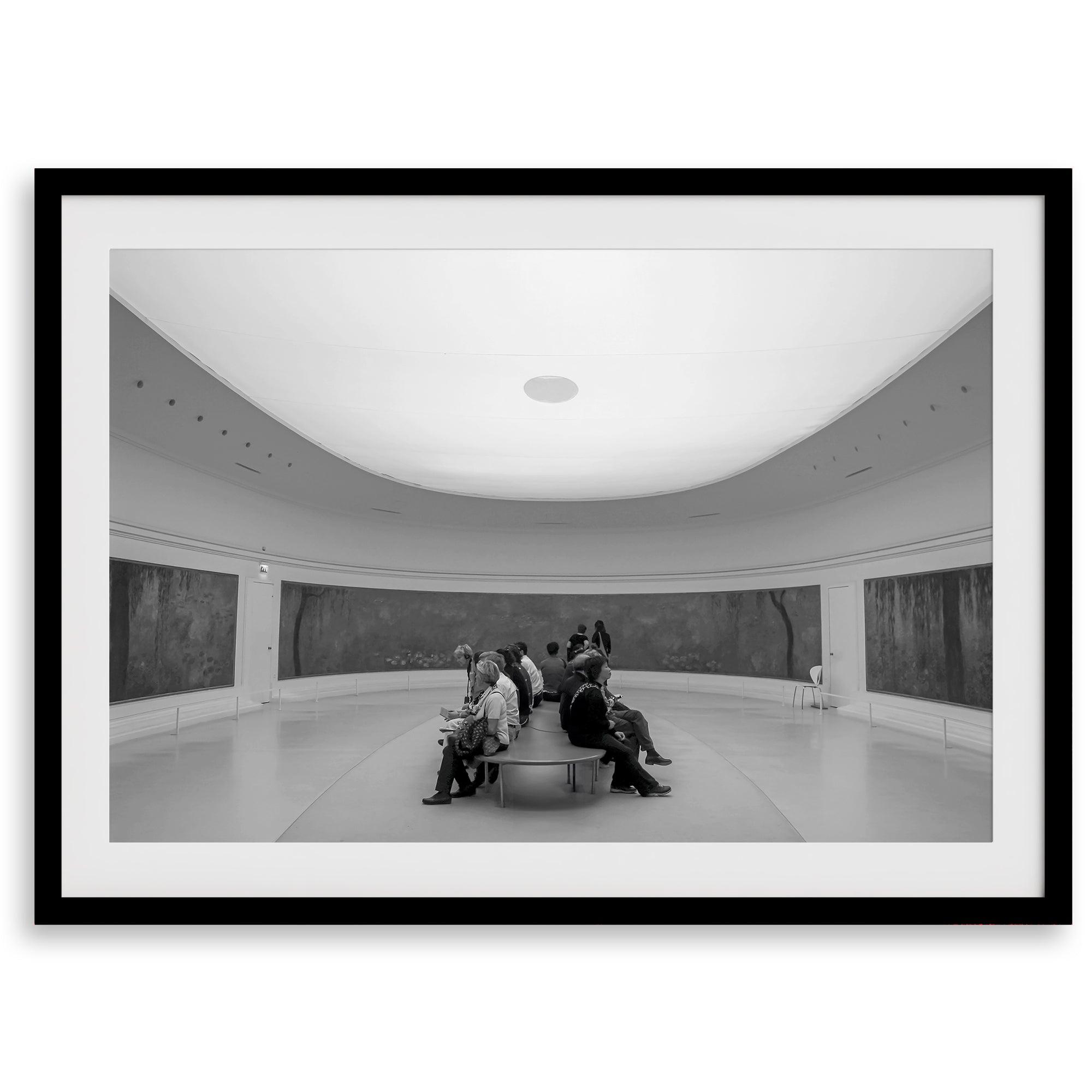 Framed fine art photography print of art lovers in Musée de l’Orangerie, admiring Claude Monet’s Water Lilies in an elliptical gallery.