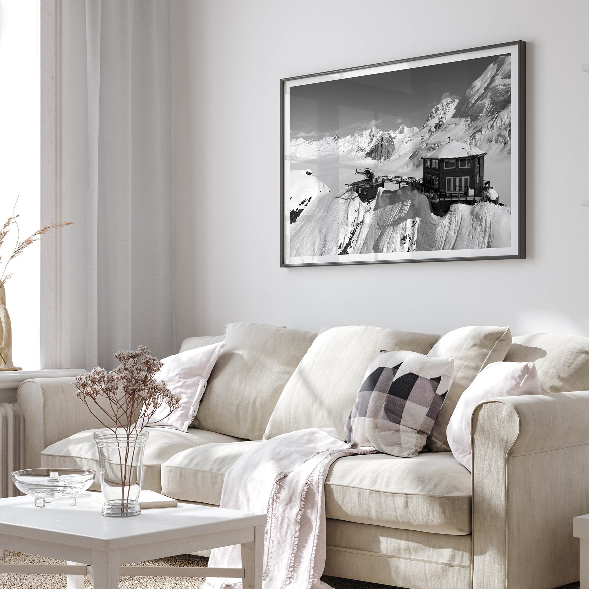 Black and white mountain cabin wall art with helicopter over snowy Denali peaks, Alaska winter landscape photography print.