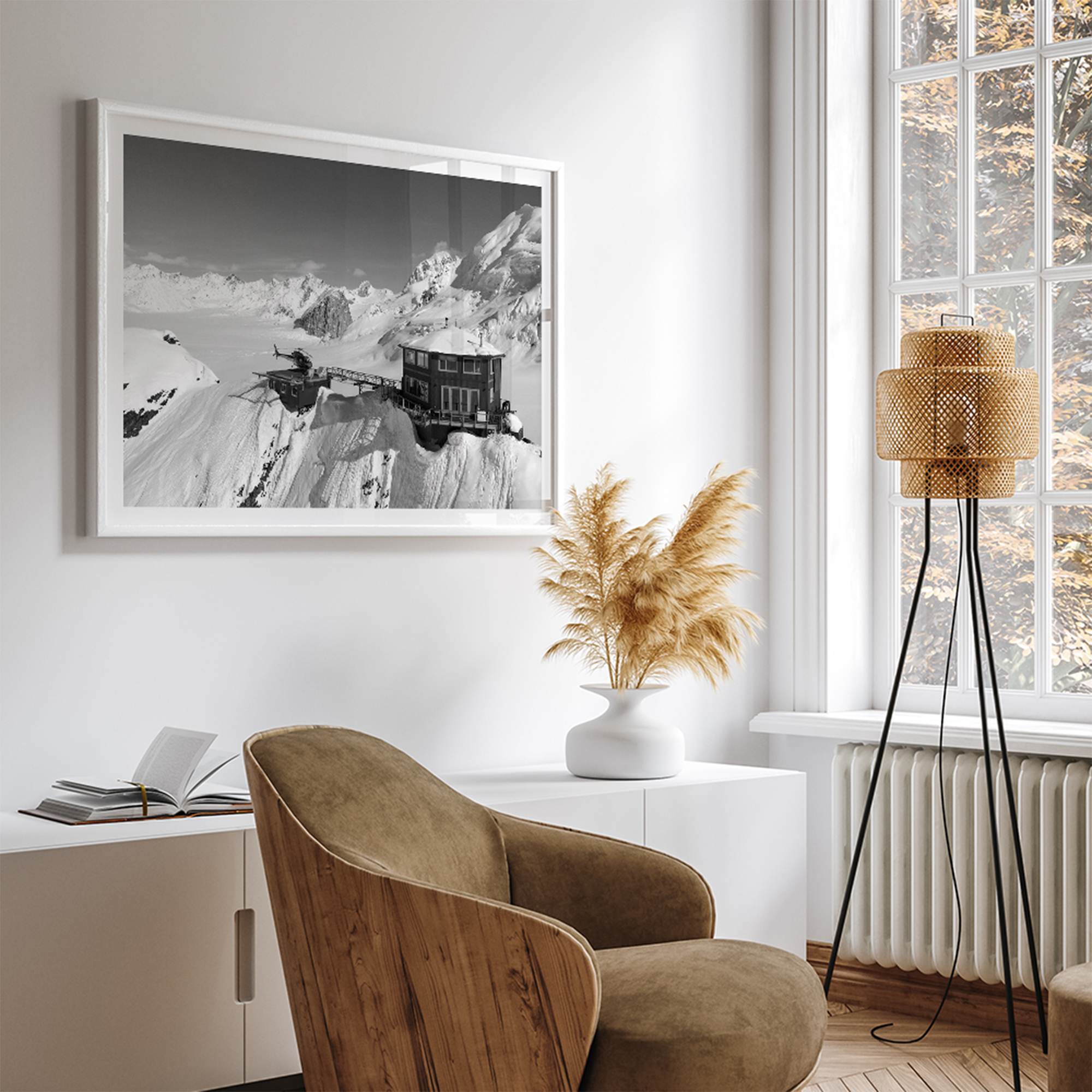 Black and white mountain cabin wall art with helicopter over snowy Denali peaks, Alaska winter landscape photography print.