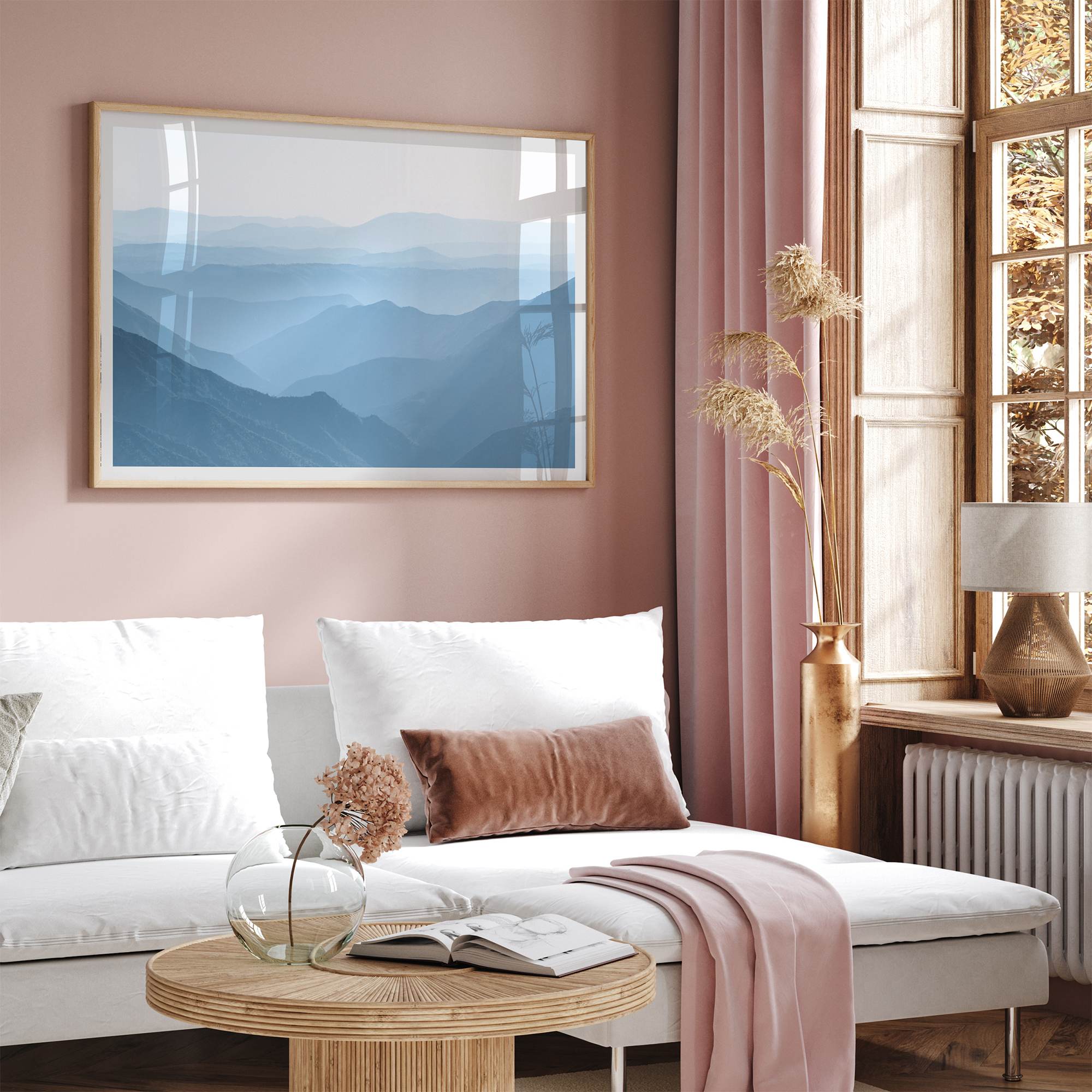 A fine art mountain photography print showing tens of shaded mountains one after the other. This minimalist mountain range wall art is perfect for nature lovers.