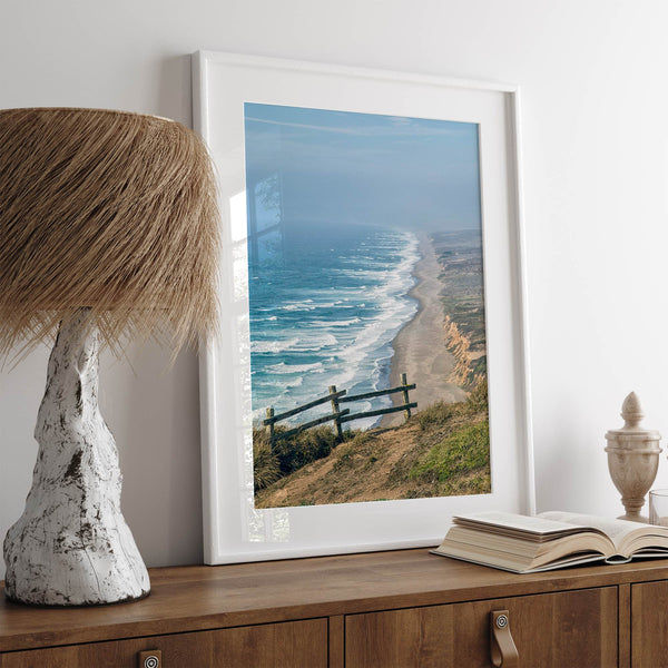 A fine art print of 10-mile beach in Point Reyes, California. In this beach wall art, you can see the long beach stretches as far as the eyes can see and the waves crashing against the beach.