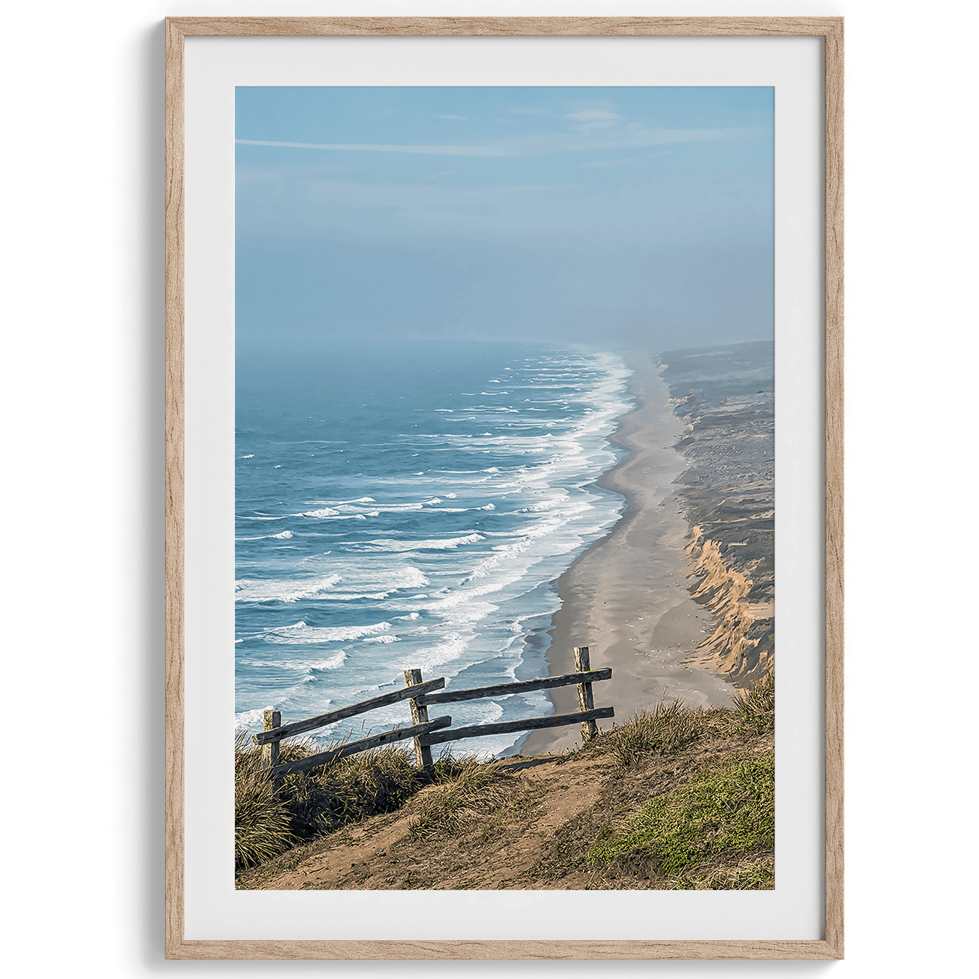 A fine art print of 10-mile beach in Point Reyes, California. In this beach wall art, you can see the long beach stretches as far as the eyes can see and the waves crashing against the beach.