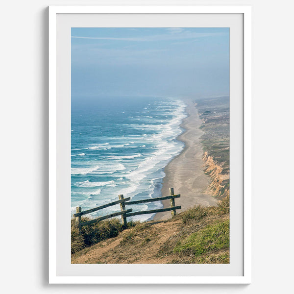A fine art print of 10-mile beach in Point Reyes, California. In this beach wall art, you can see the long beach stretches as far as the eyes can see and the waves crashing against the beach.