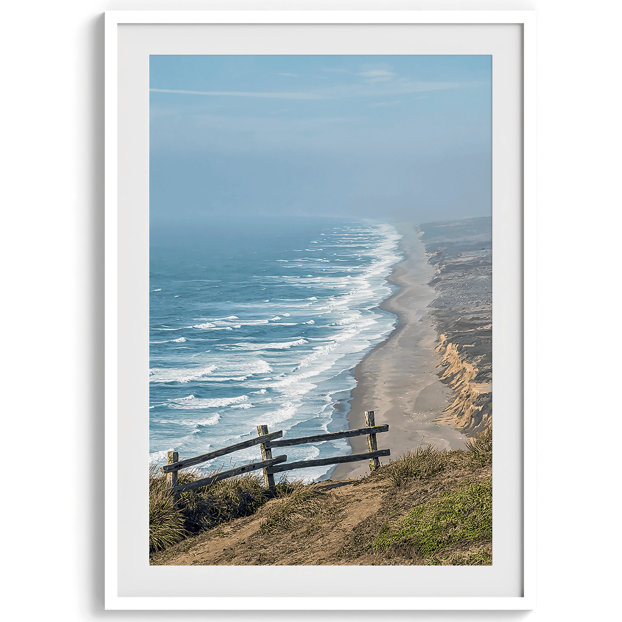 A fine art print of 10-mile beach in Point Reyes, California. In this beach wall art, you can see the long beach stretches as far as the eyes can see and the waves crashing against the beach.