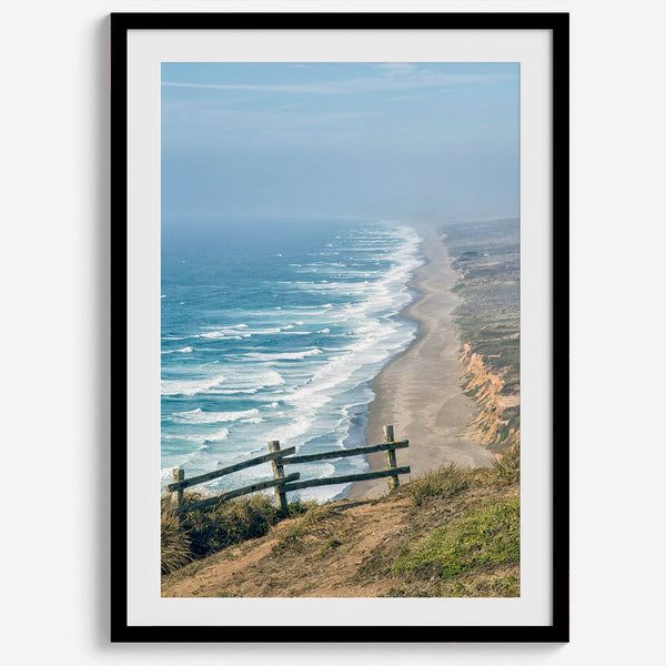 A fine art print of 10-mile beach in Point Reyes, California. In this beach wall art, you can see the long beach stretches as far as the eyes can see and the waves crashing against the beach.
