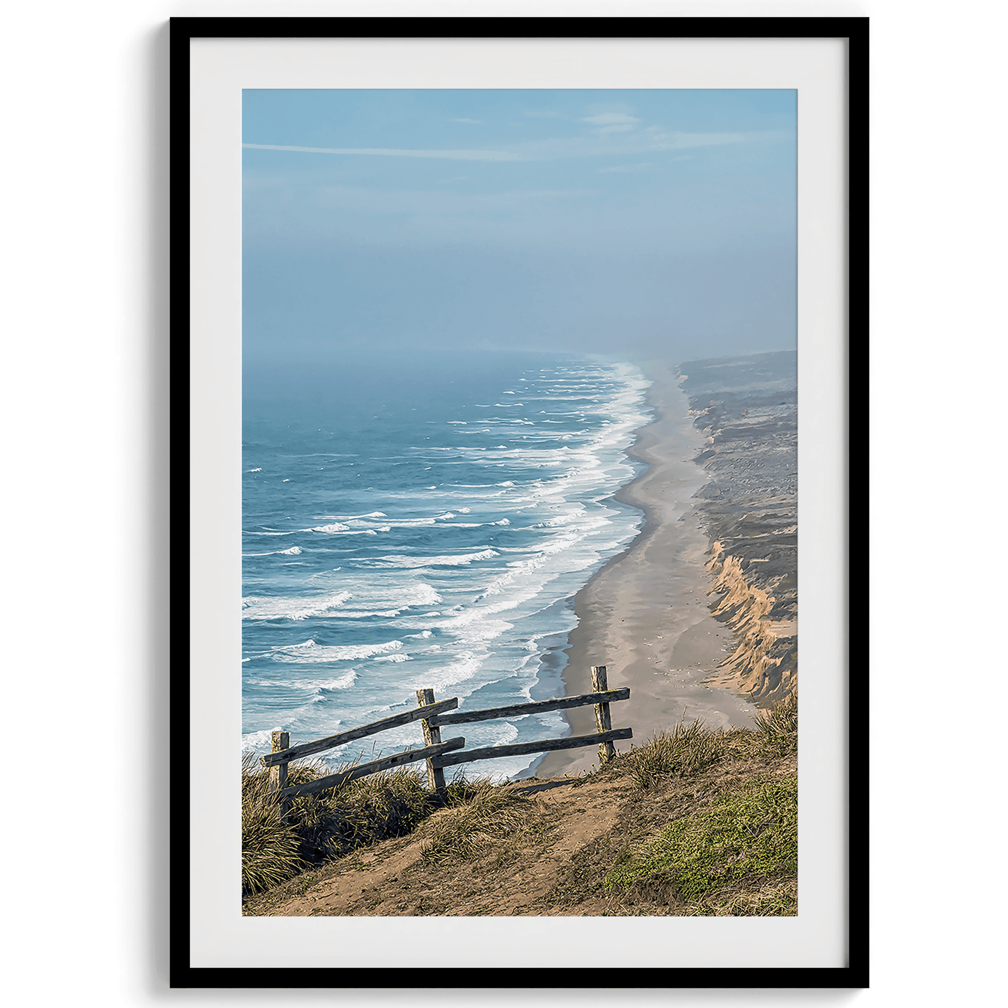 A fine art print of 10-mile beach in Point Reyes, California. In this beach wall art, you can see the long beach stretches as far as the eyes can see and the waves crashing against the beach.