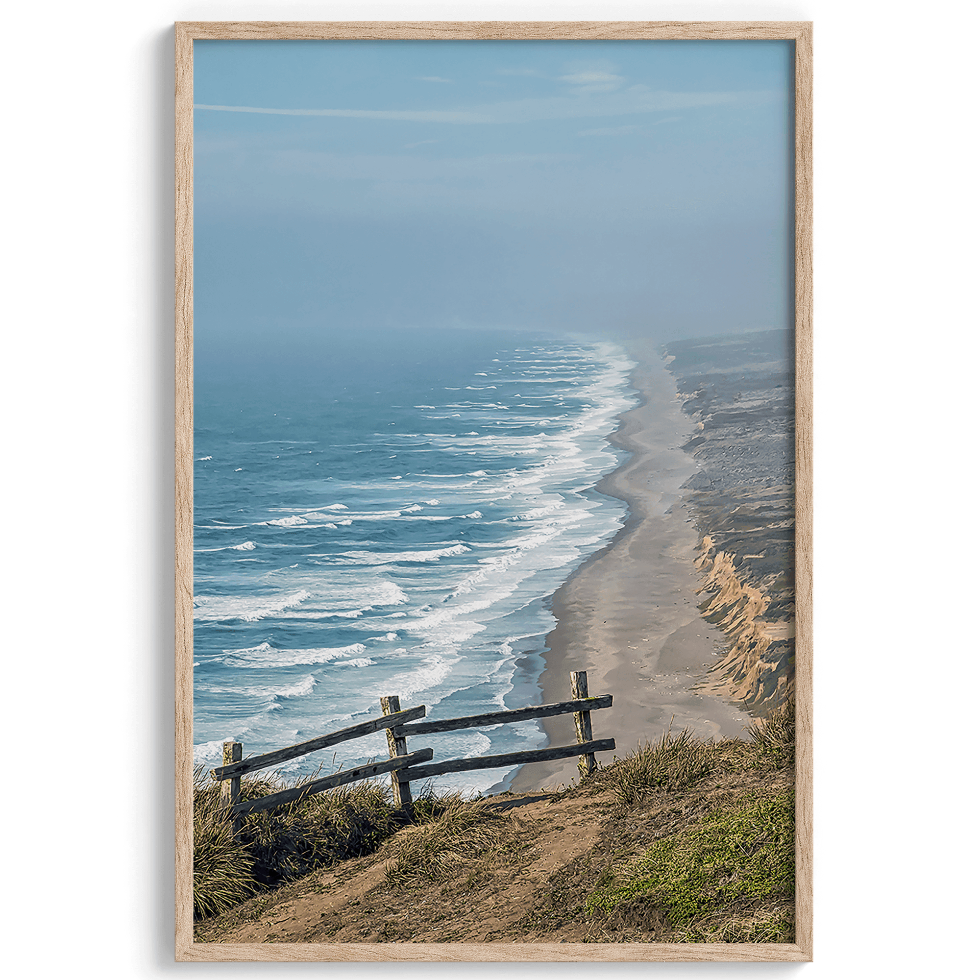 A fine art print of 10-mile beach in Point Reyes, California. In this beach wall art, you can see the long beach stretches as far as the eyes can see and the waves crashing against the beach.