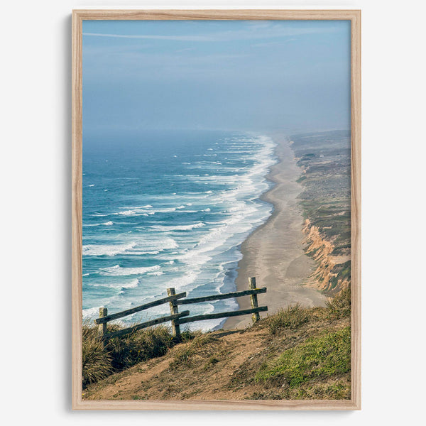 A fine art print of 10-mile beach in Point Reyes, California. In this beach wall art, you can see the long beach stretches as far as the eyes can see and the waves crashing against the beach.
