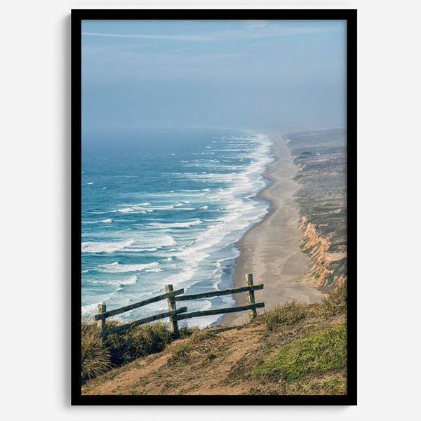 A fine art print of 10-mile beach in Point Reyes, California. In this beach wall art, you can see the long beach stretches as far as the eyes can see and the waves crashing against the beach.