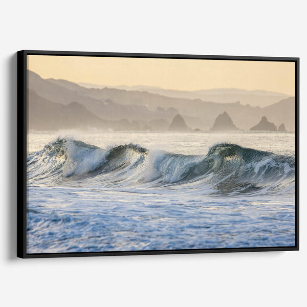 Golden hour ocean waves crashing with coastal cliffs in background – fine art seascape print