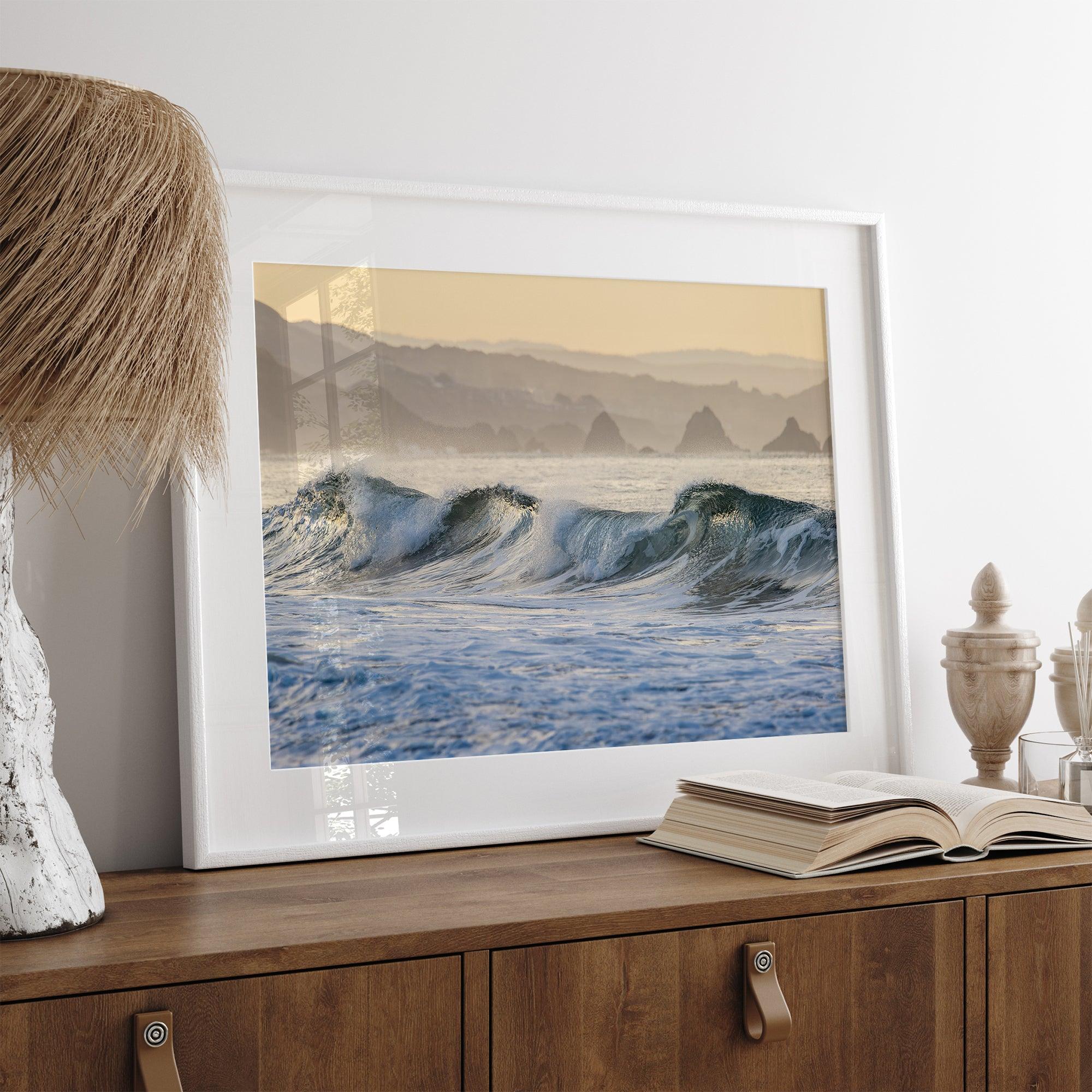 A fine art Ocean print showcasing water waves crashing in the ocean. this beach-themed wall art will make you want to jump into the waves every time you look at it. Taken in Bodega Bay, California.