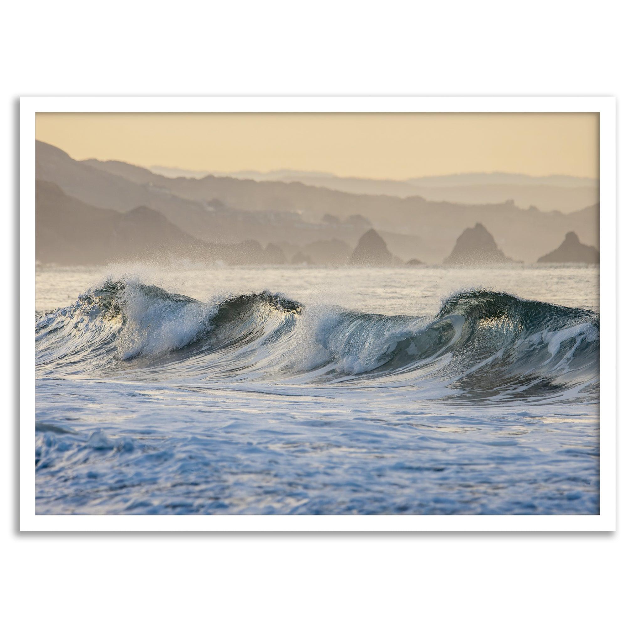 A fine art Ocean print showcasing water waves crashing in the ocean. this beach-themed wall art will make you want to jump into the waves every time you look at it. Taken in Bodega Bay, California.