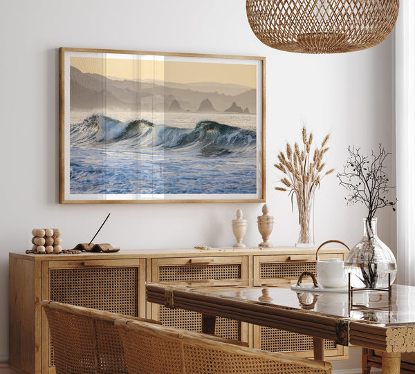 A fine art Ocean print showcasing water waves crashing in the ocean. this beach-themed wall art will make you want to jump into the waves every time you look at it. Taken in Bodega Bay, California.