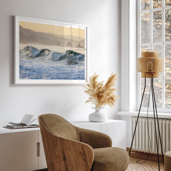 A fine art Ocean print showcasing water waves crashing in the ocean. this beach-themed wall art will make you want to jump into the waves every time you look at it. Taken in Bodega Bay, California.