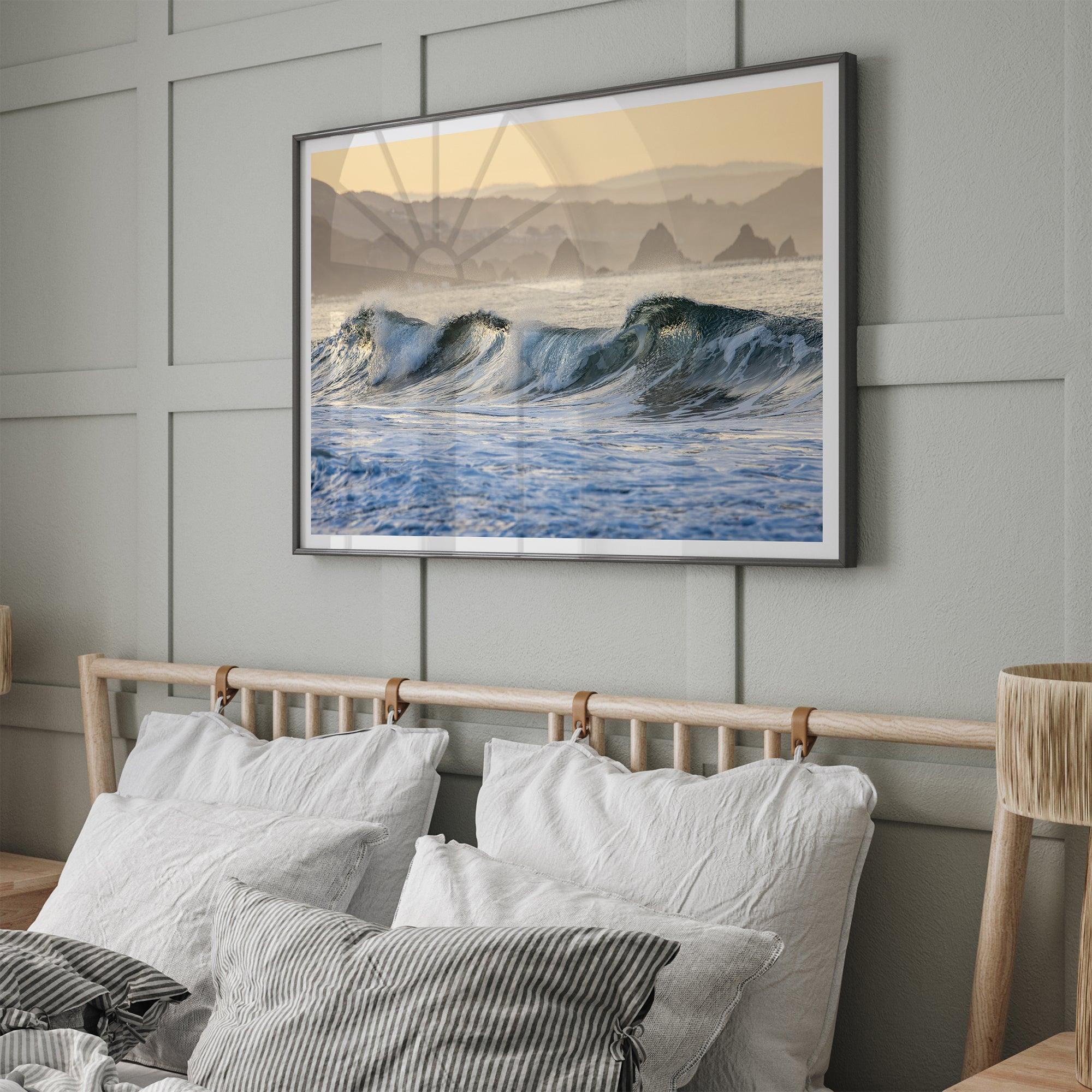 A fine art Ocean print showcasing water waves crashing in the ocean. this beach-themed wall art will make you want to jump into the waves every time you look at it. Taken in Bodega Bay, California.