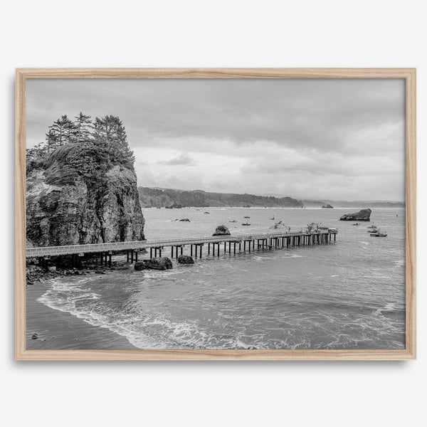Scenic Pacific Northwest wall art of Trinidad State Park in California in black and white, showcasing a coastal pier, lush green cliffs, and calm ocean waves under cloudy skies.