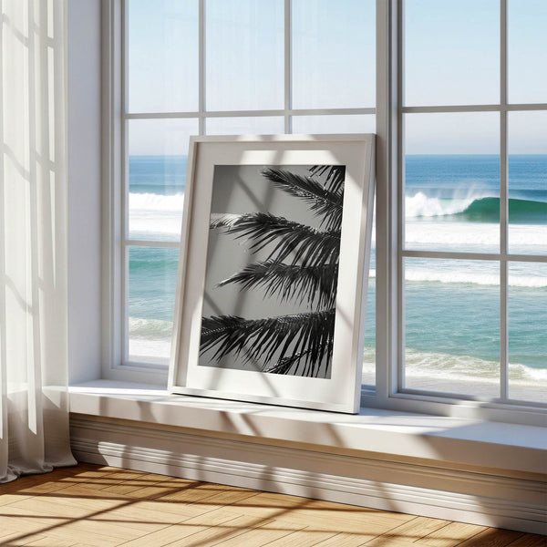 Black and white palm leaf wall art from Big Island Hawaii for modern coastal beach house wall art decor.