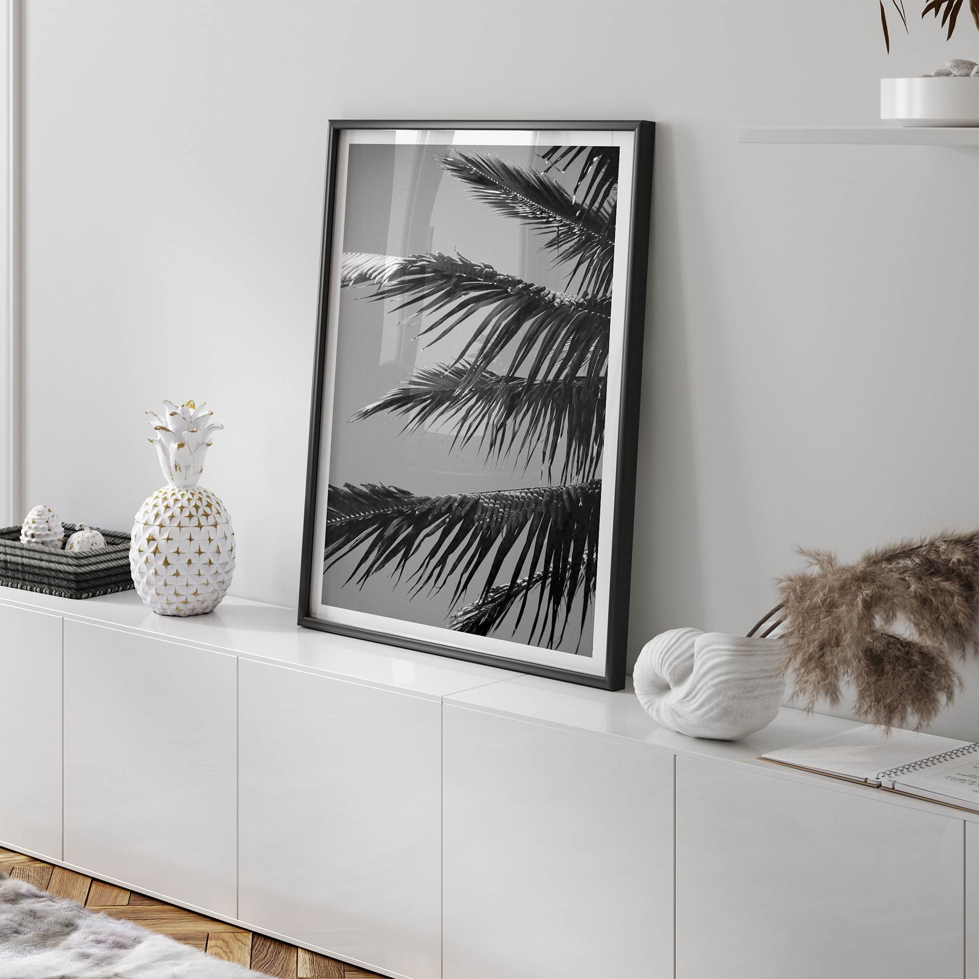 Black and white palm leaf wall art from Big Island Hawaii for modern coastal beach house wall art decor.