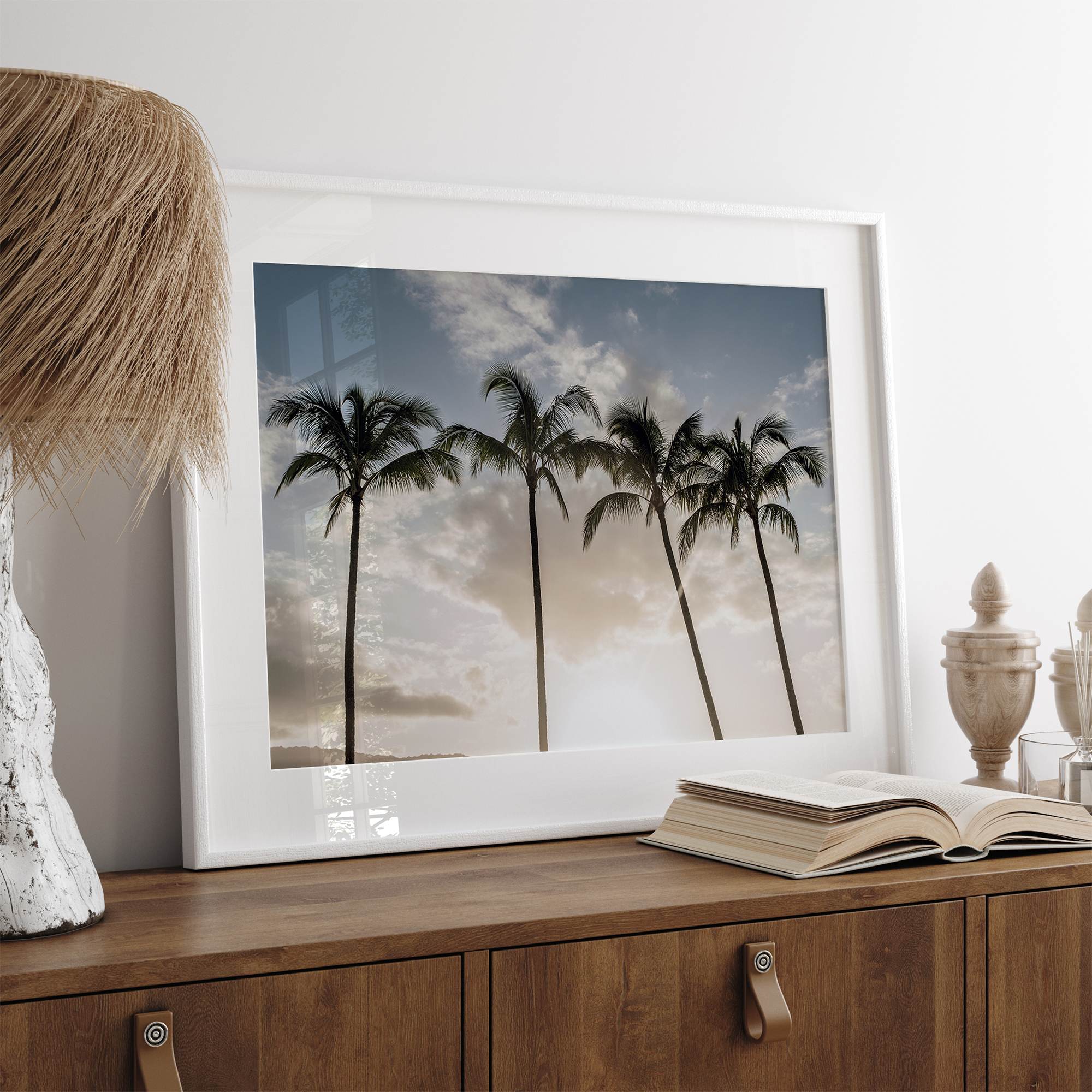 Sunset over palm trees in Kauai with golden sky and tropical landscape for wall decor