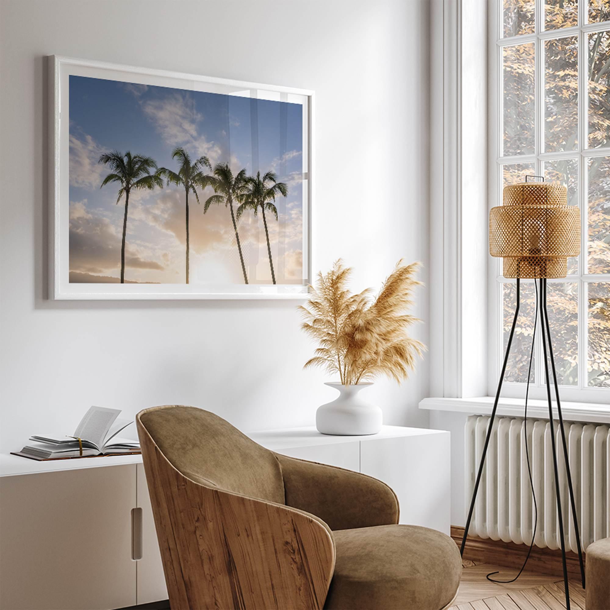 Palm tree artwork that shows a sunset over palm trees in Kauai with golden sky and tropical landscape for wall decor.
