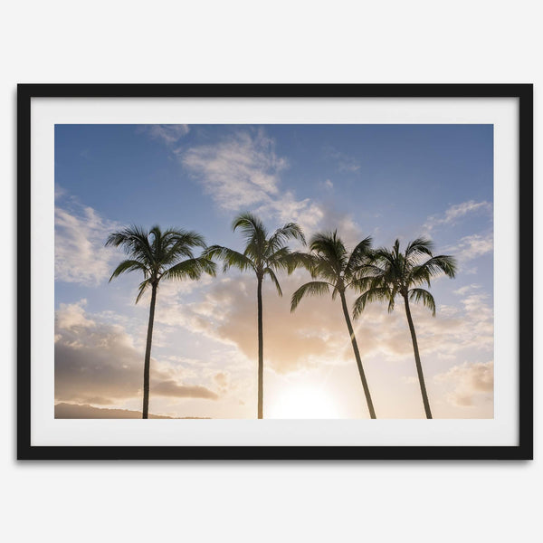Palm tree artwork that shows a sunset over palm trees in Kauai with golden sky and tropical landscape for wall decor.