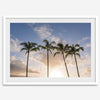 Palm tree artwork that shows a sunset over palm trees in Kauai with golden sky and tropical landscape for wall decor.