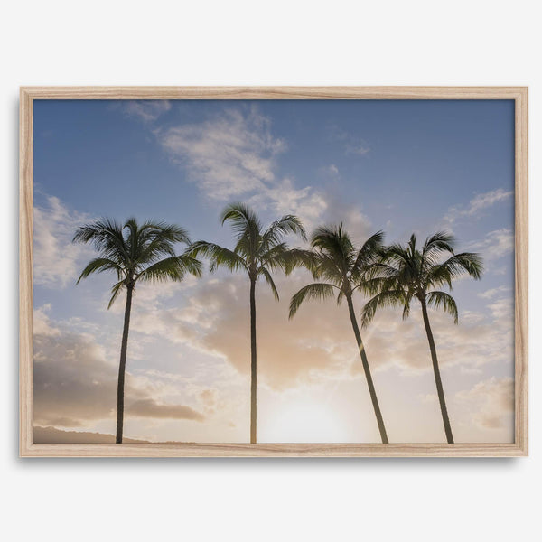 Palm tree artwork that shows a sunset over palm trees in Kauai with golden sky and tropical landscape for wall decor.