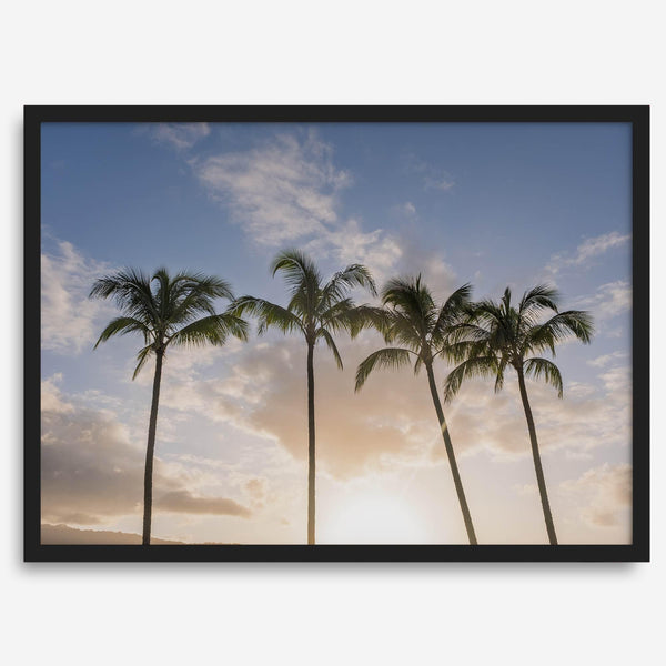 Palm tree artwork that shows a sunset over palm trees in Kauai with golden sky and tropical landscape for wall decor.