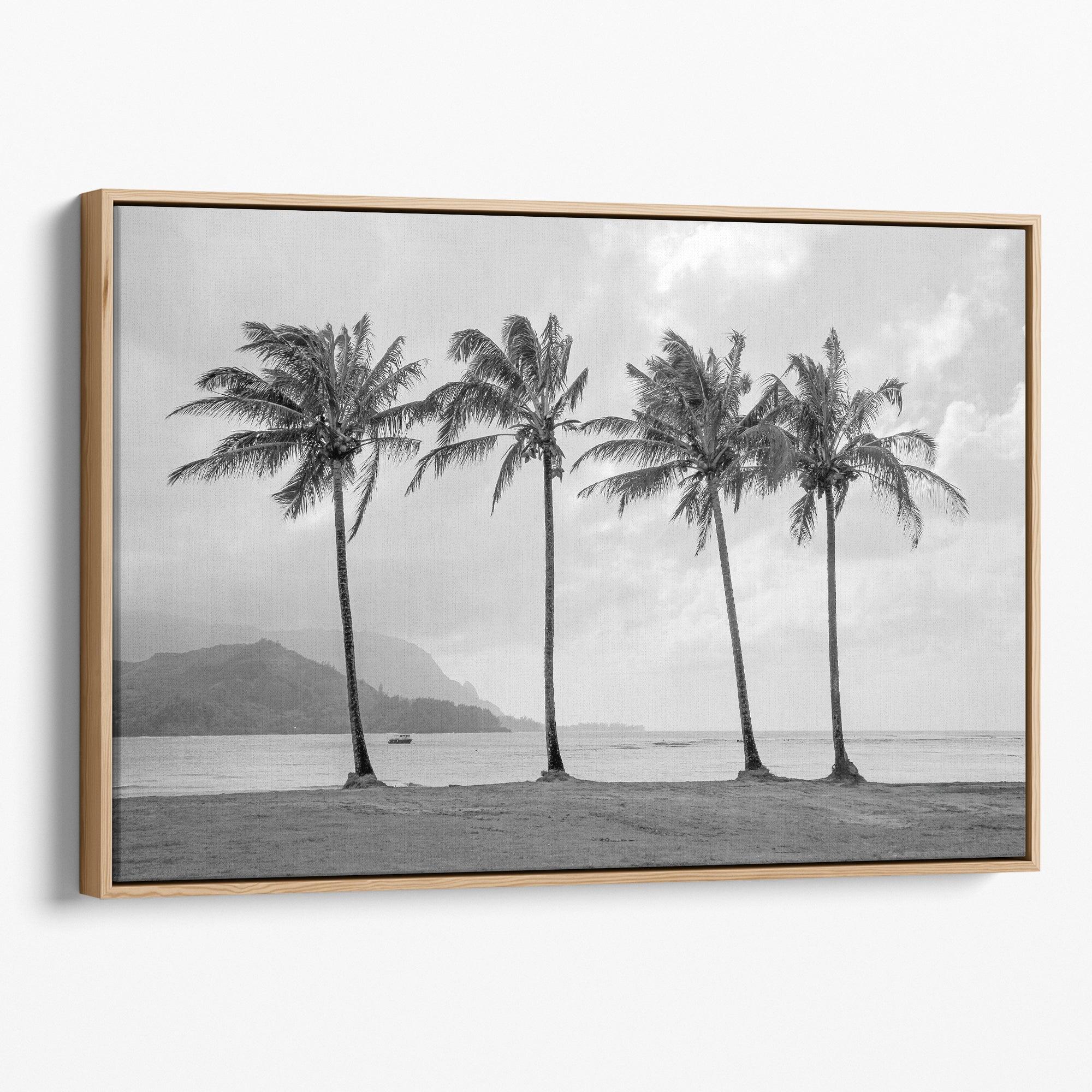 Black and white canvas print of four tall palm trees on Hanalei Bay beach in Kauai, with mountains and cloudy sky in the background.