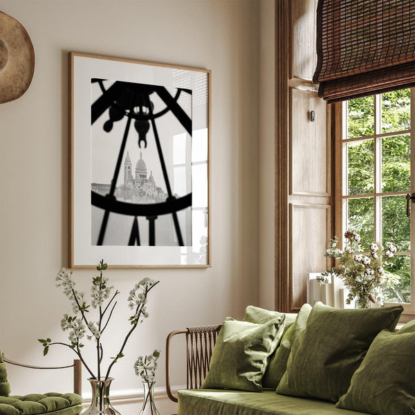 Black-and-white Paris wall decor showcasing the Sacré-Coeur Basilica framed by the Musée d’Orsay clock.