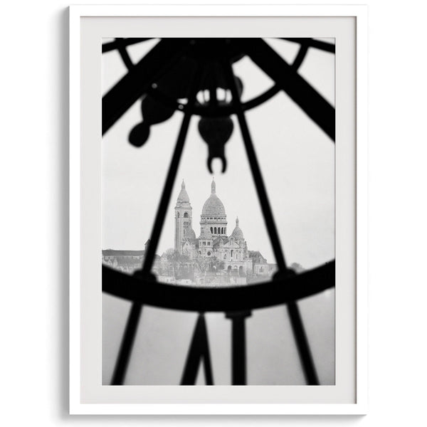 Black-and-white Paris wall decor showcasing the Sacré-Coeur Basilica framed by the Musée d’Orsay clock.