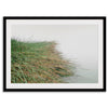 Minimalist nature artwork of coastal grasses leaning towards calm water on a misty day