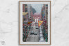 Red lanterns line Grant Avenue in San Francisco’s Chinatown, framed by colorful signs and bustling city life. Available as a framed or unframed print.