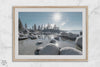 Lake Tahoe wall art featuring Sand Harbor’s boulders, pine trees, and water reflections at sunrise.