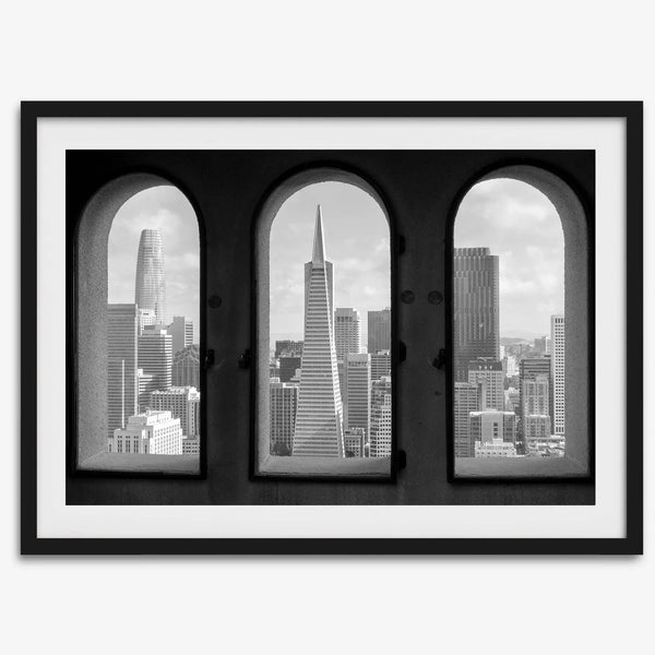 Framed black and white San Francisco skyline as seen from Coit Tower