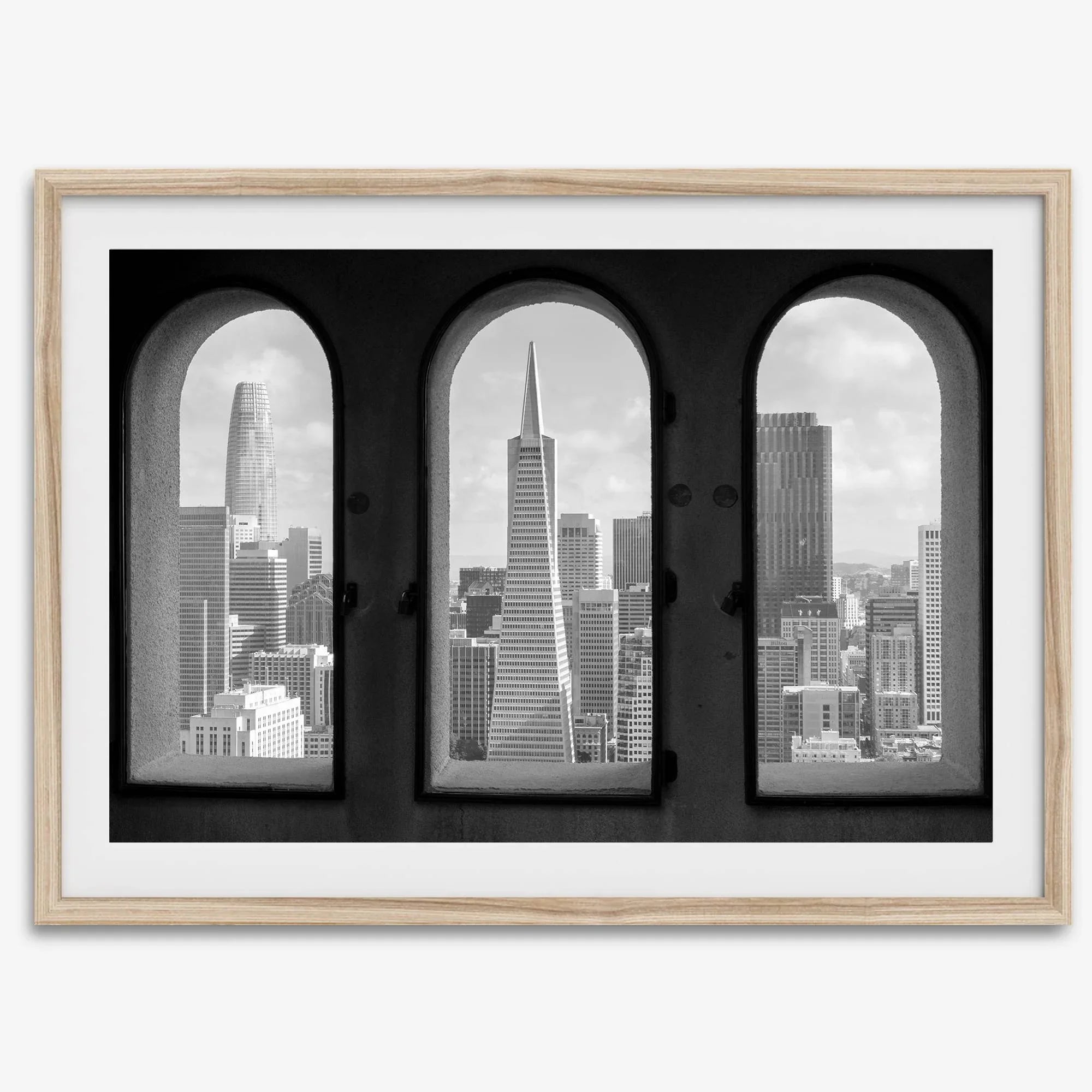 Framed black and white San Francisco skyline as seen from Coit Tower