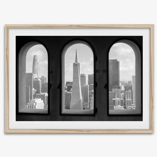 Framed black and white San Francisco skyline as seen from Coit Tower