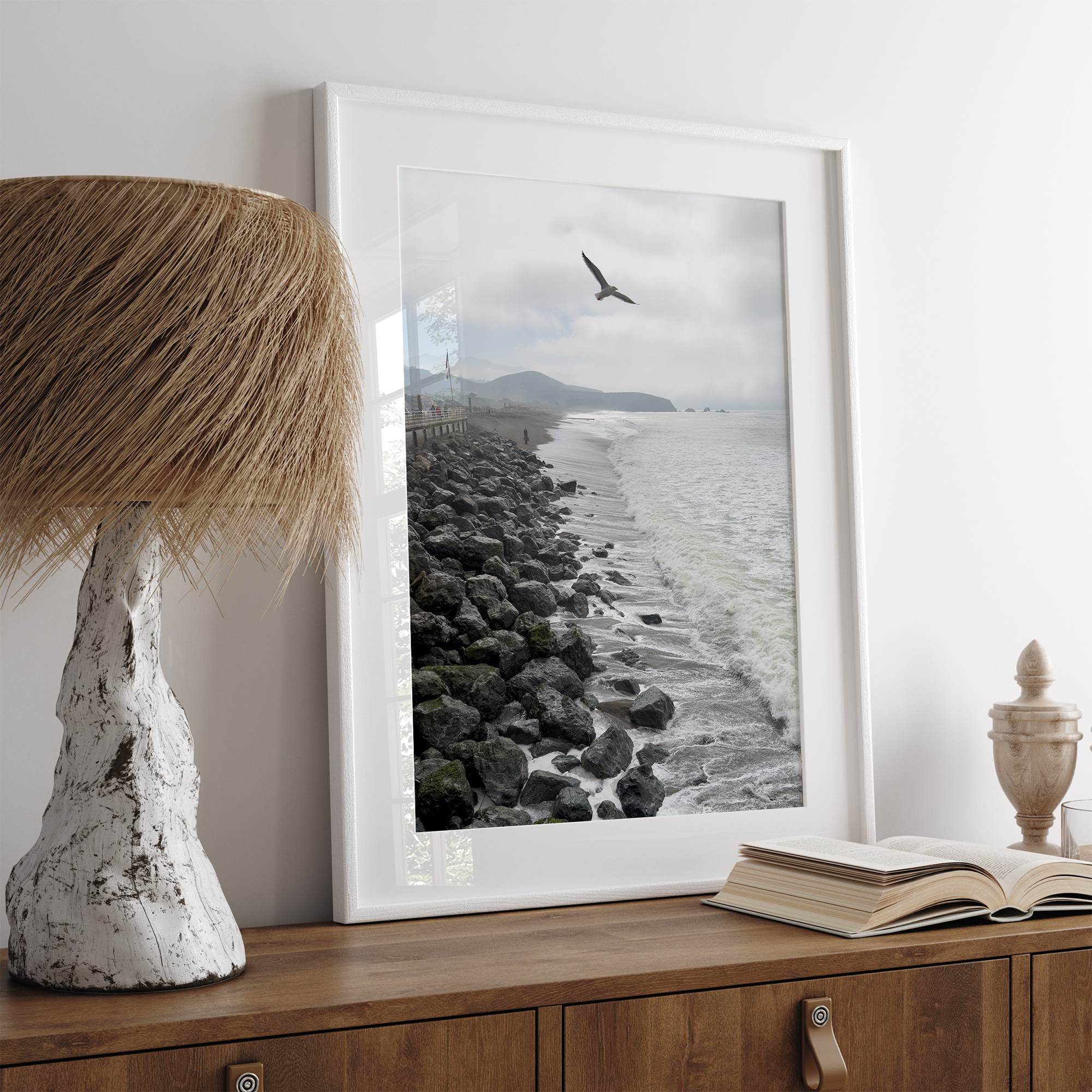 Serene sea gull wall art from Pacifica, coastal photography print for modern interiors