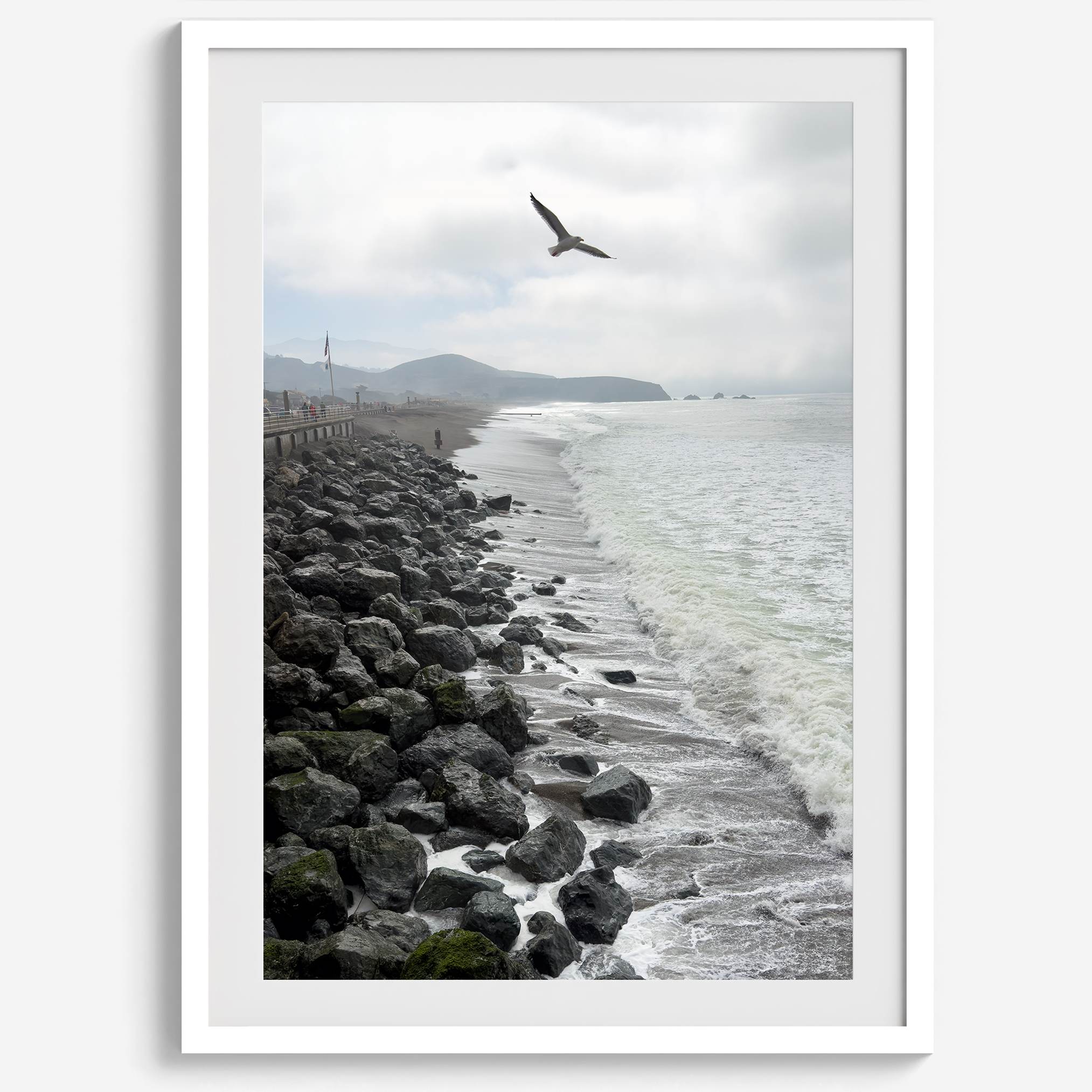 Serene sea gull wall art from Pacifica, coastal photography print for modern interiors