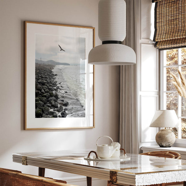 Serene sea gull wall art from Pacifica, coastal photography print for modern interiors