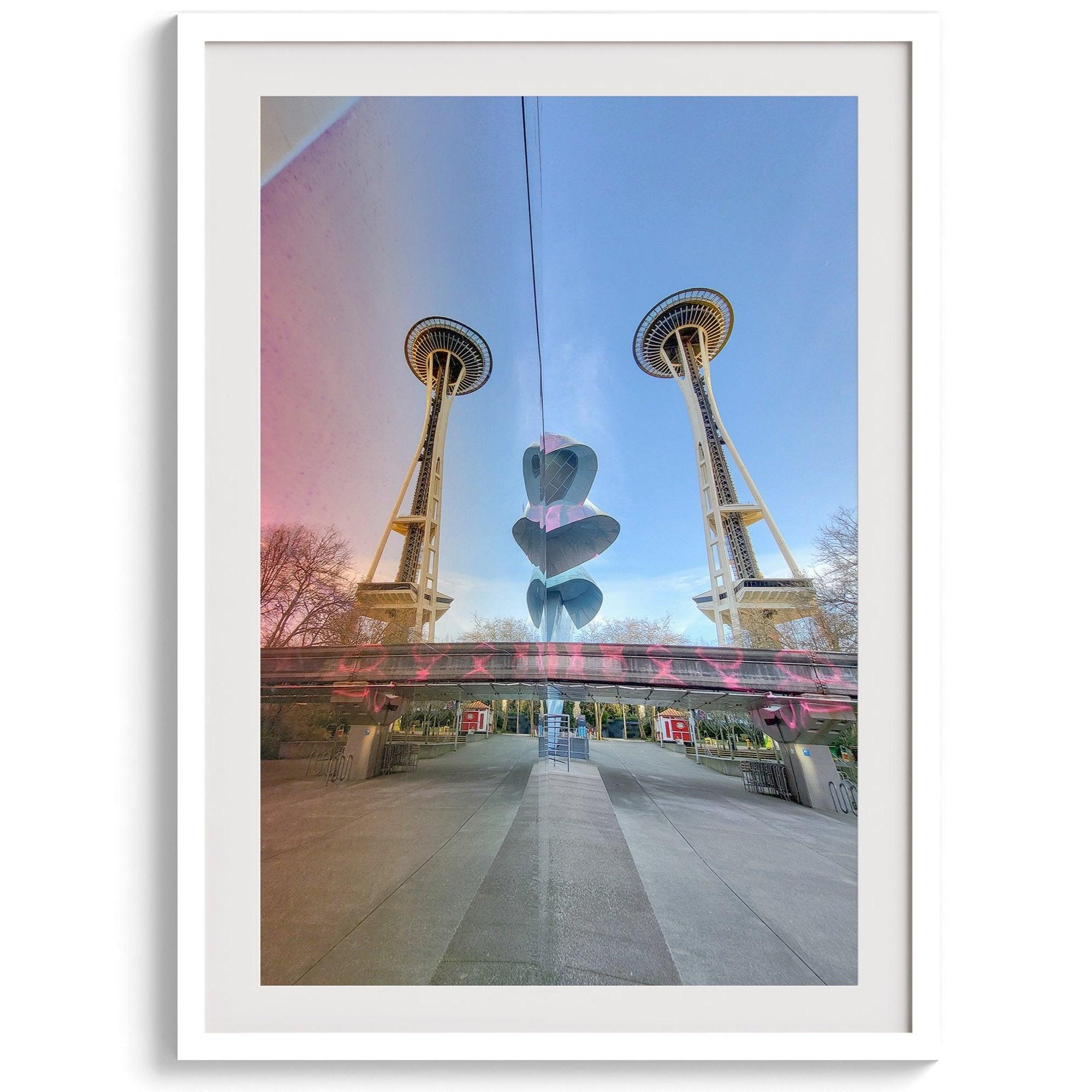 Seattle wall art featuring Space Needle reflected on Museum of Pop Culture walls with pink and blue tones.