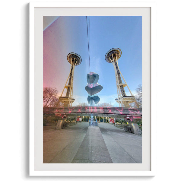 Seattle wall art featuring Space Needle reflected on Museum of Pop Culture walls with pink and blue tones.