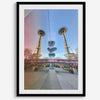 Seattle wall art featuring Space Needle reflected on Museum of Pop Culture walls with pink and blue tones.