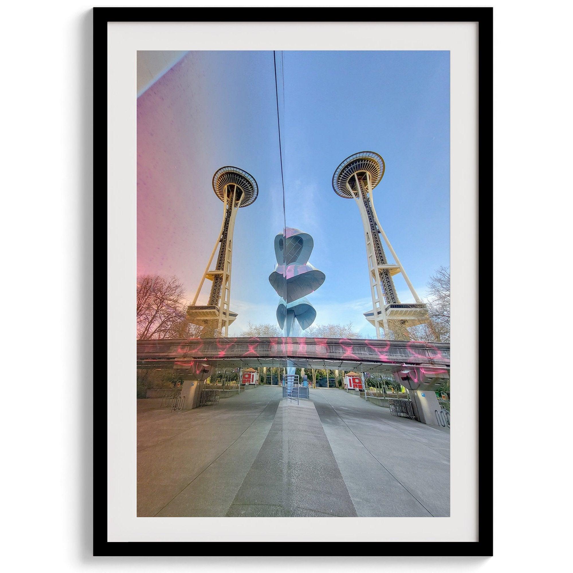 Seattle wall art featuring Space Needle reflected on Museum of Pop Culture walls with pink and blue tones.