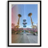 Seattle wall art featuring Space Needle reflected on Museum of Pop Culture walls with pink and blue tones.