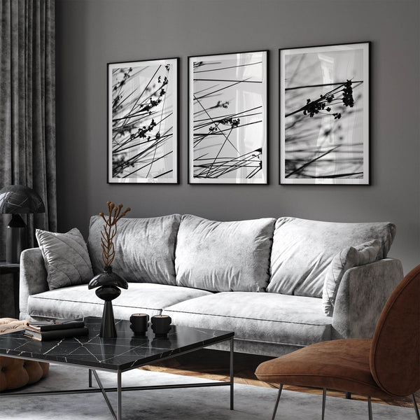 Minimalist black and white floral triptych with abstract plant silhouettes and delicate botanical linework.